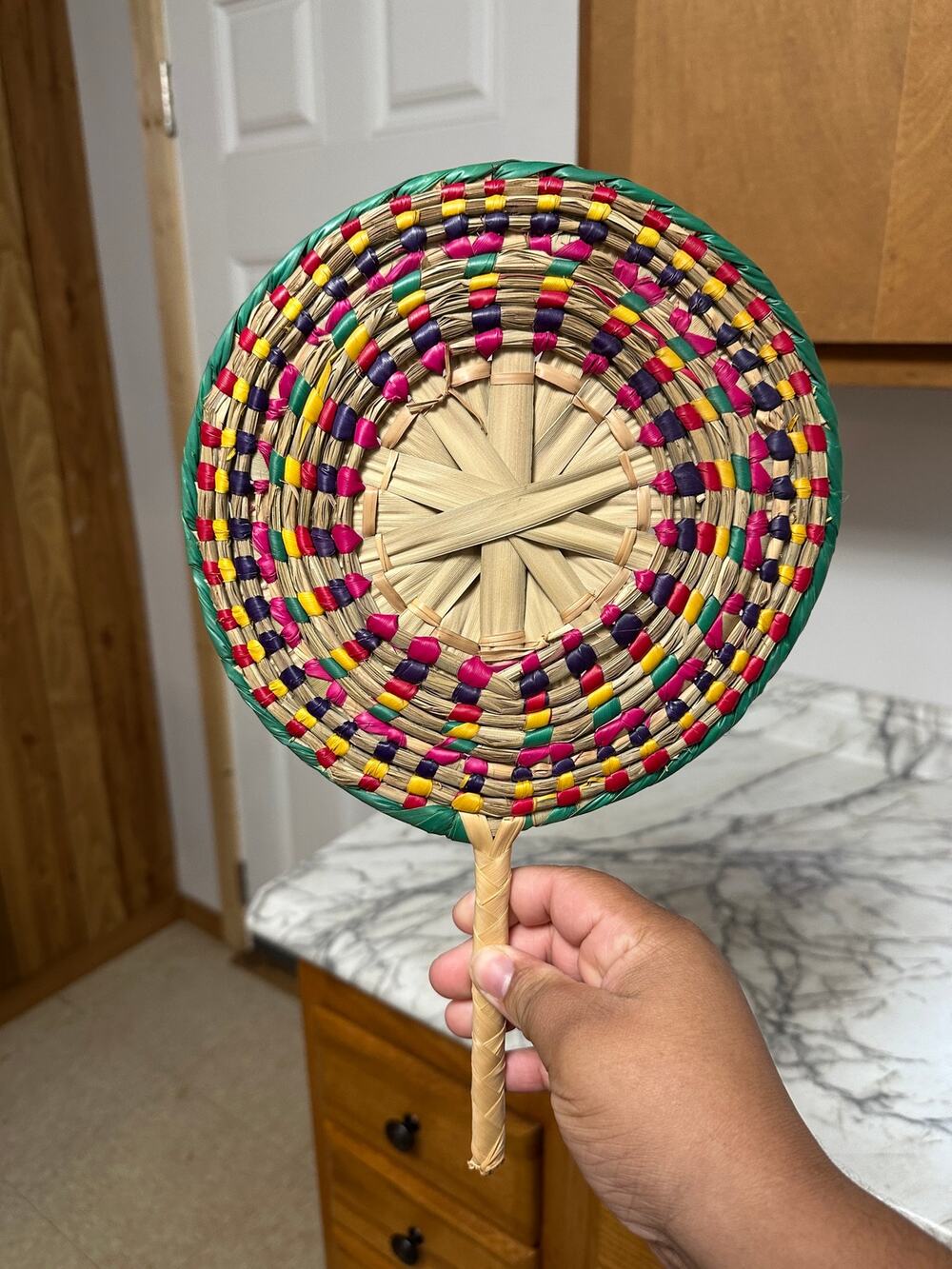 Vtg Mexican Handwoven Palm Leaf Hand Fan Colorful Boho Wall Decor 13" Circular